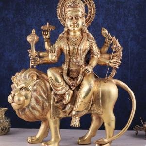 Majestic Brass Goddess Durga Sherawali Mata Idol | 31" Temple Masterpiece | 55kg Sacred Art | Divine Mother with Lion | Jaipurio